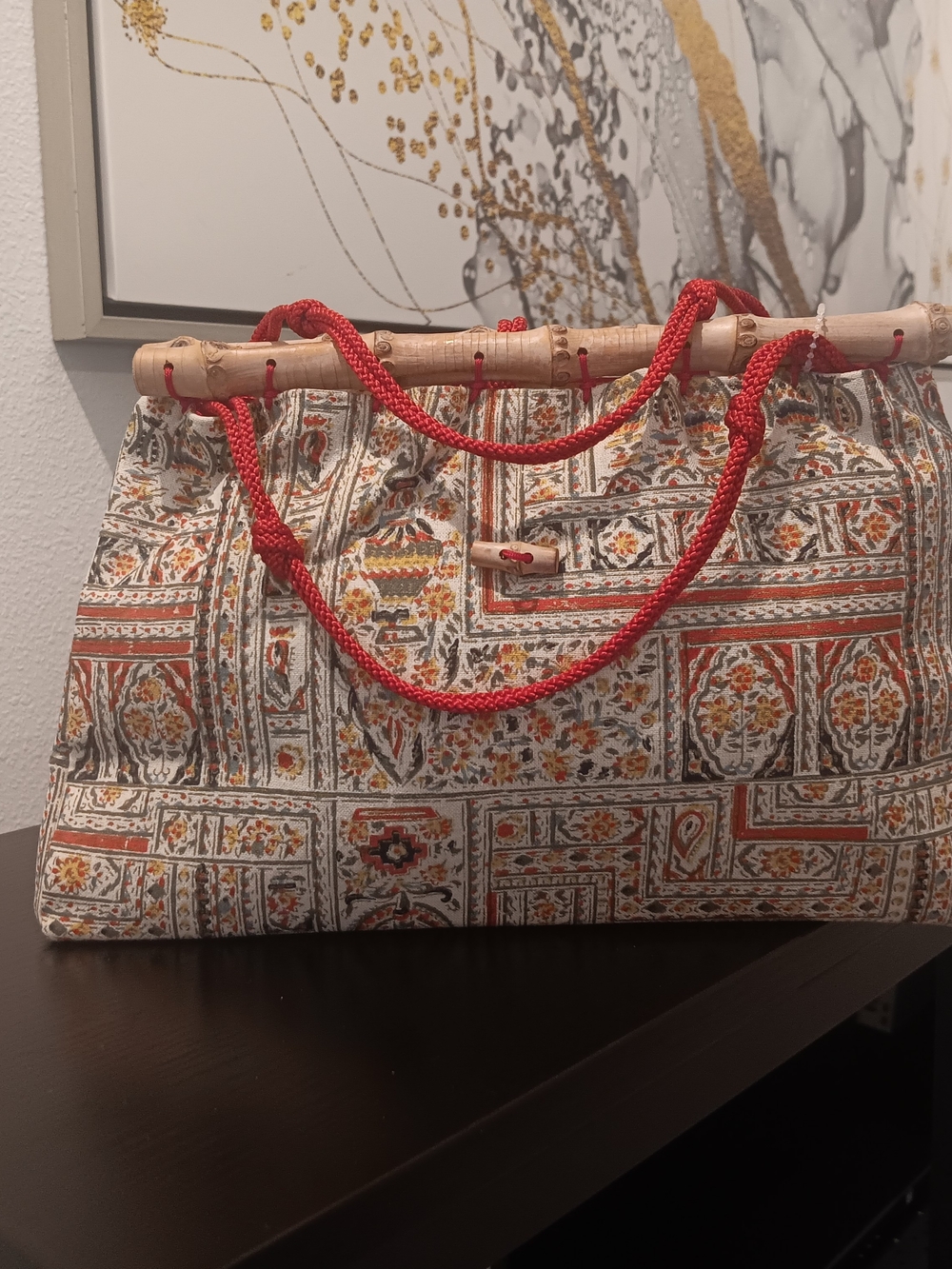 & Other Stories Multicolor Printed Tote with Red Rope Handles